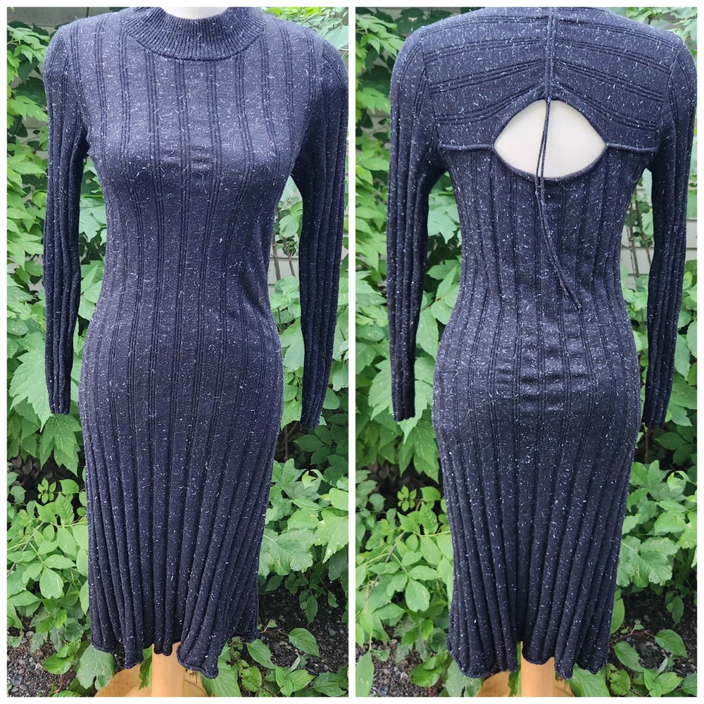 Joie Ribbed L‎ Knit Bodycon Midi Dress Mock Neck Long Sleeve Open Back sparkle